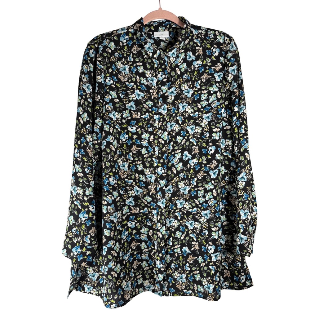 J. Jill Black Blue Floral Button Down‎ M Tiered Blouse Black Long Sleeve Top